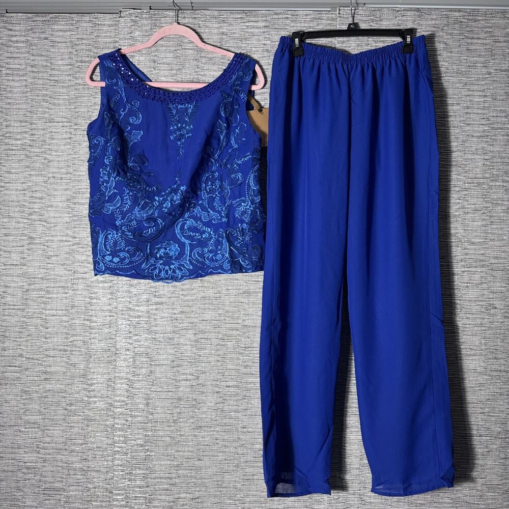 3 Pc Wedding Formal Mother Of Bride Chiffon Pant Suit, Blue, Size 12/14 (see Des